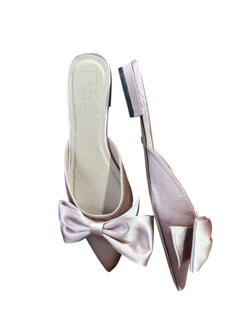 ShuShop Dorothy Flat Mules Pink Satin Bow Pointed-Toe-Size 10-New in Box
